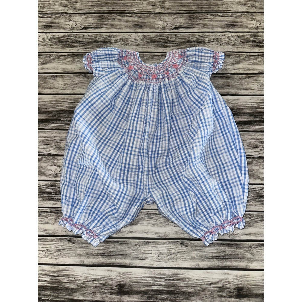Royal Child Infant Girls Smocked Blue White Check Pink Hearts One Piece 3 Months